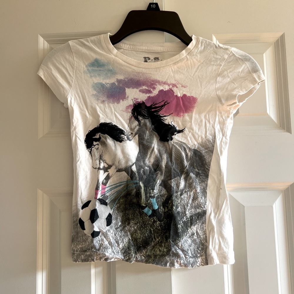 Aeropostale p.s. Girls Horse & Soccer Design White T-Shirt Size XS (7)